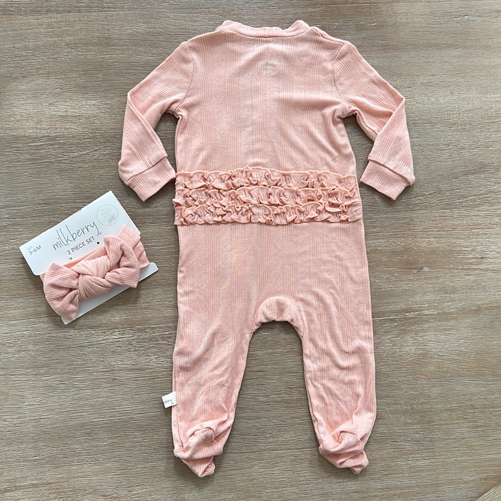 Milkberry Baby Girl Bamboo Peach Needlepoint Ruffle Footie 6-9 months - Picture 6 of 7